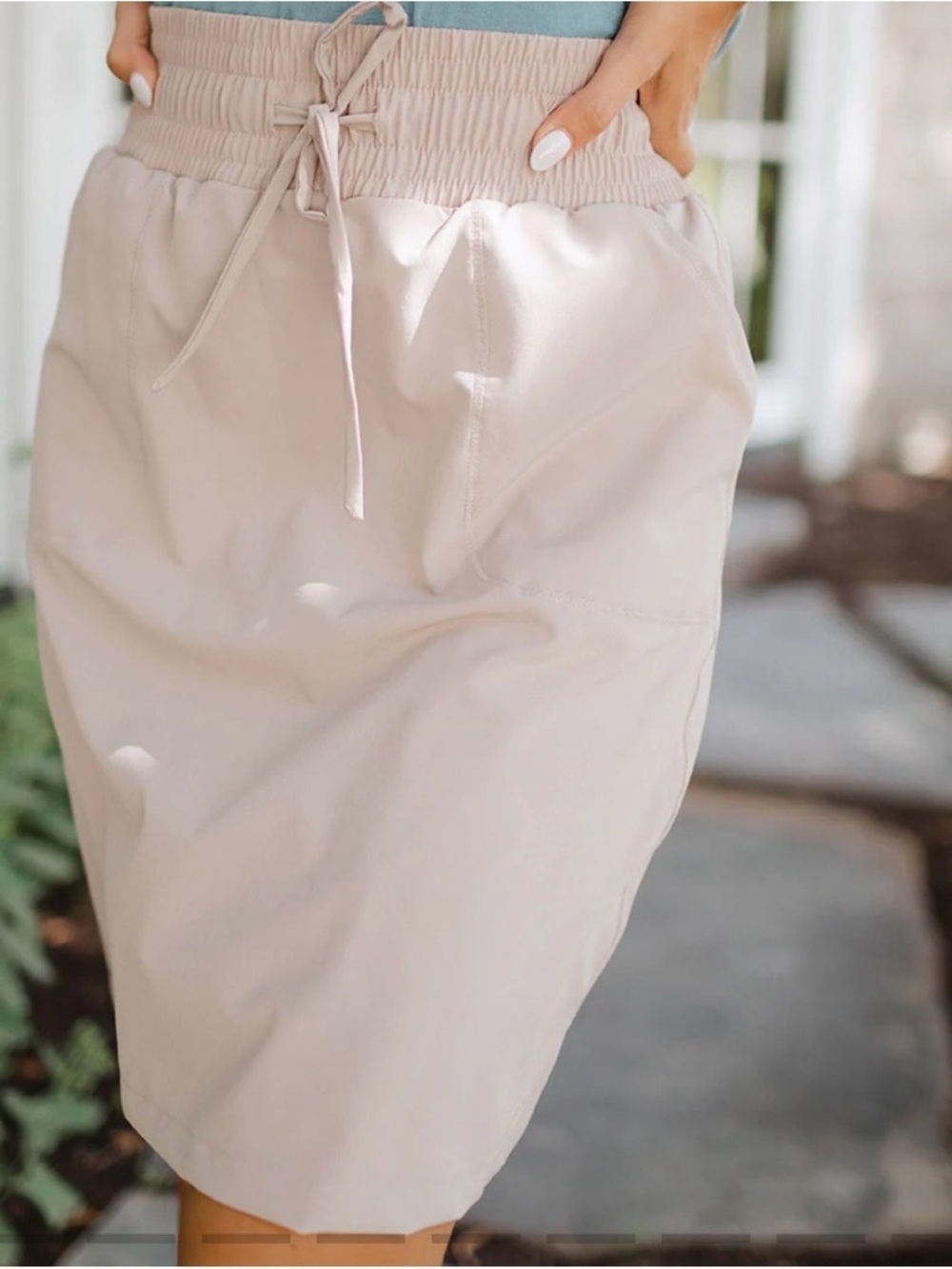 Albion Cream Midi Skirt with Elastic Drawstring Waist
